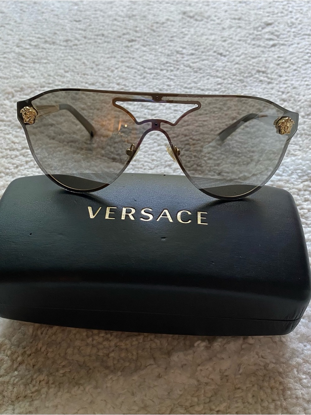 Versace Women’s Shield Sunglasses in Smoke Gray with Gold Medusa Accents